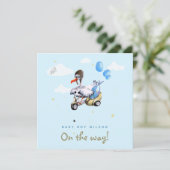 Cute Cartoon Funny Stork Scooter Boy Zwangerschap Aankondiging (Staand voorkant)