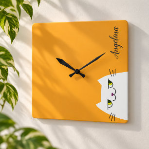 Cute Cartoon Funny White Cat Monogram Yellow Vierkante Klok