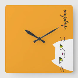 Cute Cartoon Funny White Cat Monogram Yellow Vierkante Klok