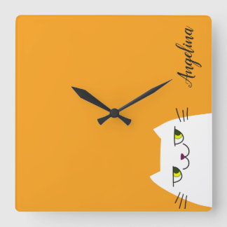 Cute Cartoon Funny White Cat Monogram Yellow Vierkante Klok