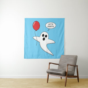 Cute Cartoon Ghost met Red Balloon Wandkleed