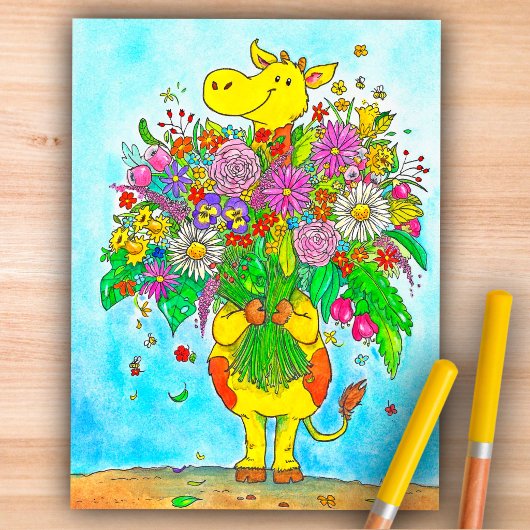 Cute Cartoon Giraffe Bloemen Hallo kaart 