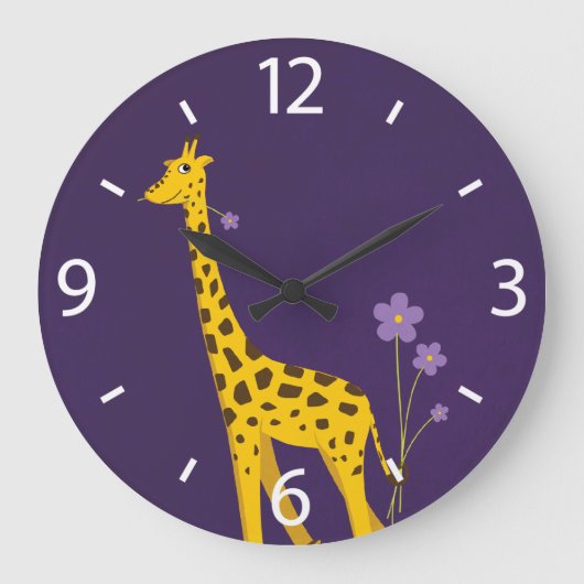 Cute Cartoon Giraffe Flowers Paars Grote Klok (Voorkant)