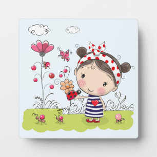 Cute Cartoon Girl met Ladybug in Garden Scene Fotoplaat
