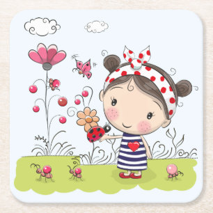Cute Cartoon Girl met Ladybug in Garden Scene Kartonnen Onderzetters