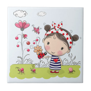 Cute Cartoon Girl met Ladybug in Garden Scene Tegeltje