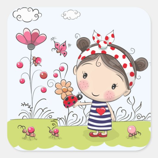Cute Cartoon Girl met Ladybug in Garden Scene Vierkante Sticker (Voorkant)