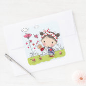 Cute Cartoon Girl met Ladybug in Garden Scene Vierkante Sticker (Envelop)