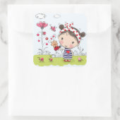 Cute Cartoon Girl met Ladybug in Garden Scene Vierkante Sticker (Tas)