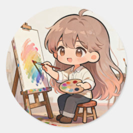 Cute Cartoon Girl Painting  Ronde Sticker