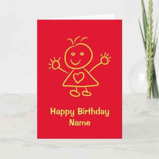 Cute Cartoon Girl Red Yellow Birthday Kaart (Voorkant)