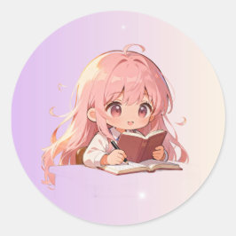 Cute Cartoon Girl Writing on a Book . Ronde Sticker