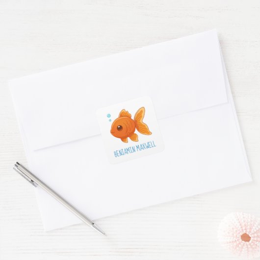 Cute Cartoon Goldfish Custom Name Vierkante Sticker (Envelop)