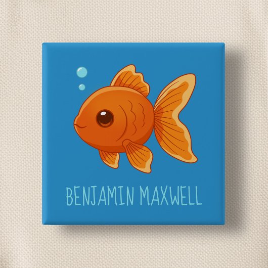 Cute Cartoon Goldfish on Blue Custom Name Vierkante Button 5,1 Cm