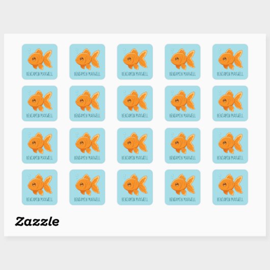 Cute Cartoon Goldfish on Blue Custom Name Vierkante Sticker (Vel)