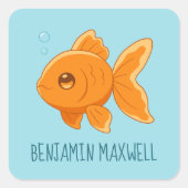 Cute Cartoon Goldfish on Blue Custom Name Vierkante Sticker (Voorkant)