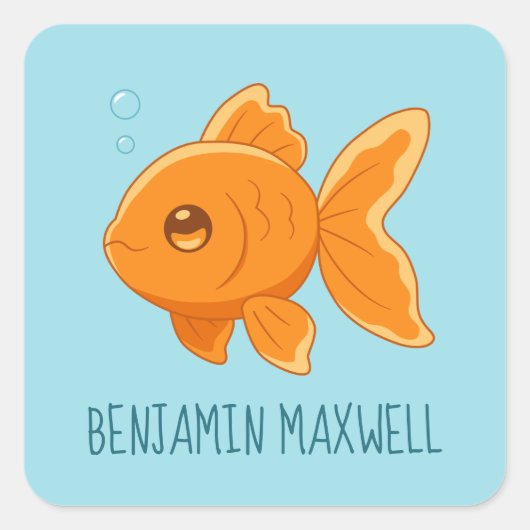Cute Cartoon Goldfish on Blue Custom Name Vierkante Sticker (Voorkant)