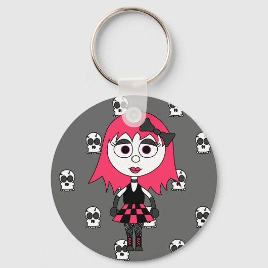 Cute Cartoon Gothic Girl en Skulls Sleutelhanger (Voorkant)