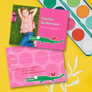 Cute Cartoon Groene Alligator Foto Kind Speeltijd  Contactkaartje