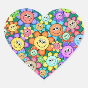 Cute Cartoon Happy Flowers Floral Pattern Hart Sticker
