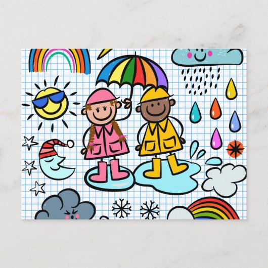 Cute Cartoon Happy Kinder Weather Doodles Briefkaart (Voorkant)