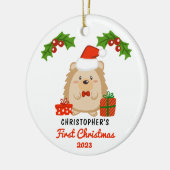 Cute Cartoon Hedégel Baby's eerste kerstfoto Keramisch Ornament (Links)