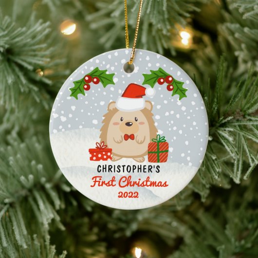 Cute Cartoon Hedégel Baby's eerste kerstfoto Keramisch Ornament (Boom)