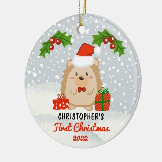 Cute Cartoon Hedégel Baby's eerste kerstfoto Keramisch Ornament (Links)