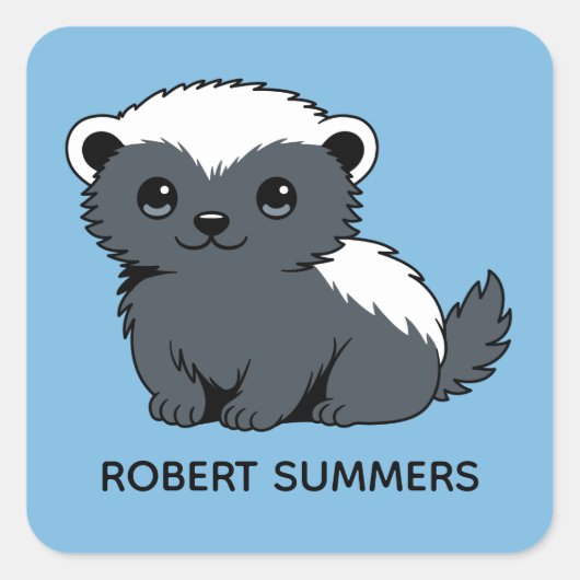 Cute Cartoon Honey Badger Custom Name Blue Vierkante Sticker (Voorkant)