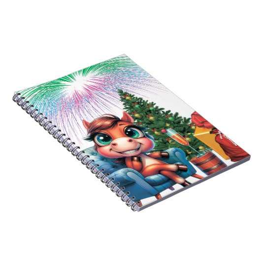 Cute Cartoon Horse New Year's Eve Celebration Notitieboek (Rechterzijde)