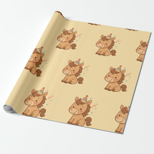 Cute Cartoon Horse with Party Hat Wrapping Paper Cadeaupapier (Uitgerold)