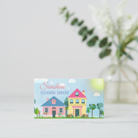 Cute Cartoon House Cleaning Services Visitekaartje (Staand voorkant)
