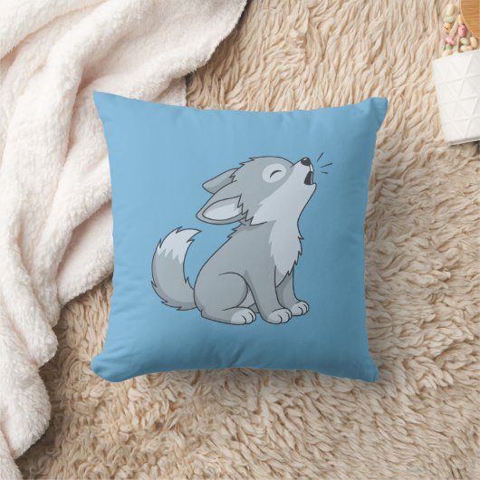 Cute Cartoon Howling Wolf Pup Blue Kussen (Deken)