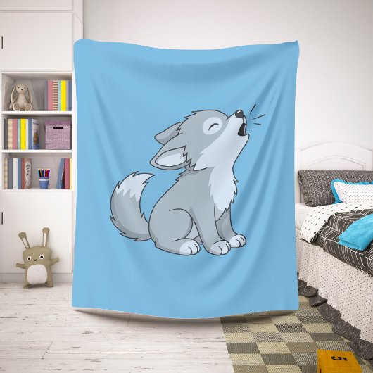Cute Cartoon Howling Wolf Pup Blue Sherpa Deken