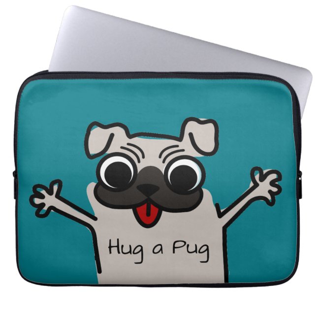 Cute Cartoon Hug a Pug Blauwgroen Laptop Sleeve (Voorkant)