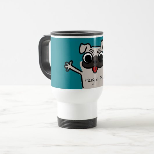 Cute Cartoon Hug a Pug Blauwgroen Reisbeker (Voorkant links)