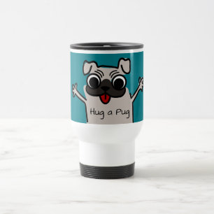 Cute Cartoon Hug a Pug Blauwgroen Reisbeker