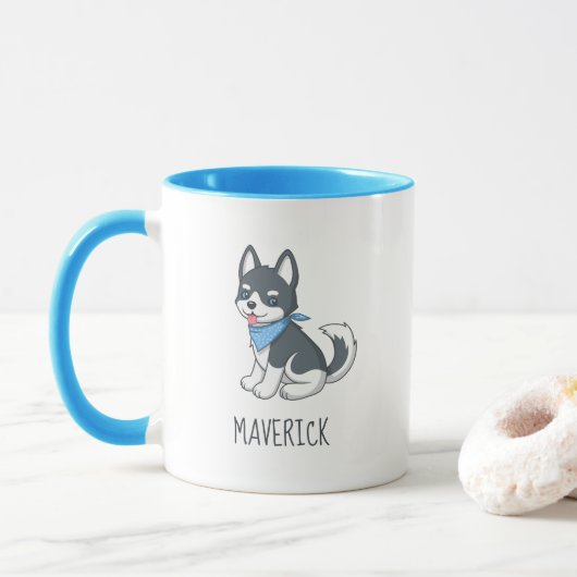 Cute Cartoon Husky Puppy Dog Custom Name Mok (Met donut)