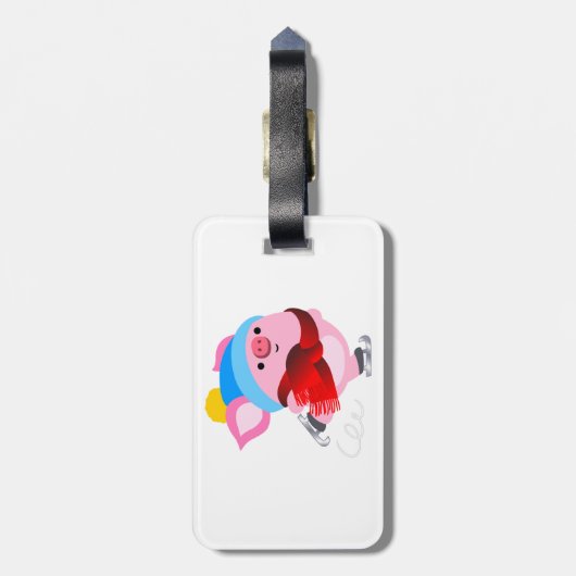 Cute Cartoon Ice Skating Pig Bagagelabel (Achterkant verticaal)