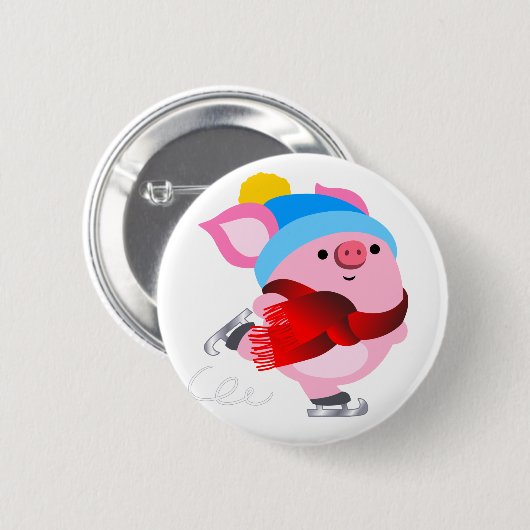 Cute Cartoon Ice Skating Pig Button (Voorkant /achterkant)