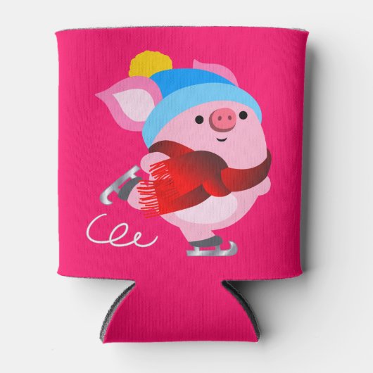 Cute Cartoon Ice Skating Pig Koelbox Blikjeskoeler (Voorkant)