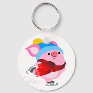 Cute Cartoon Ice Skating Pig Sleutelhanger