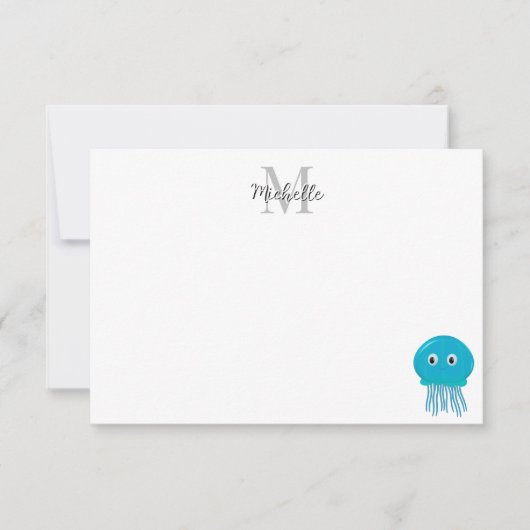 Cute Cartoon Jellyfish Custom Monogram Notitiekaartje (Voorkant)