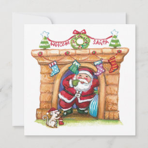 Cute Cartoon Jolly Santa Claus die de schoorsteen  Feestdagenkaart