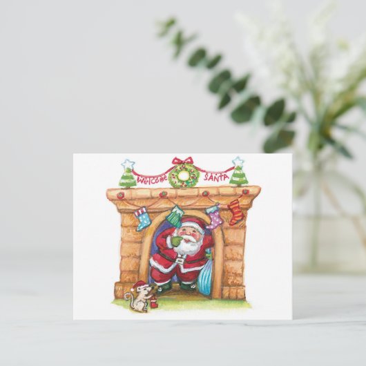 Cute Cartoon Jolly Santa Claus die de schoorsteen  Feestdagenkaart (Staand voorkant)