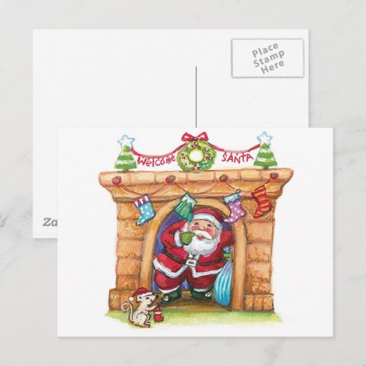 Cute Cartoon Jolly Santa Claus die de schoorsteen  Feestdagenkaart (Voorkant / Achterkant)