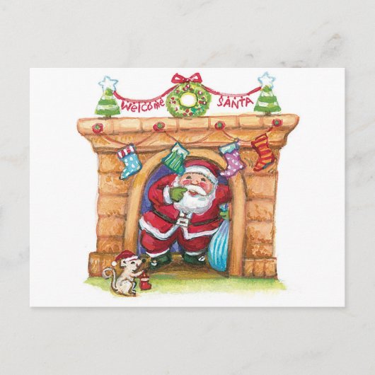 Cute Cartoon Jolly Santa Claus die de schoorsteen  Feestdagenkaart (Voorkant)