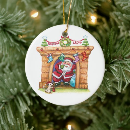 Cute Cartoon Jolly Santa Claus die de schoorsteen  Keramisch Ornament (Boom)
