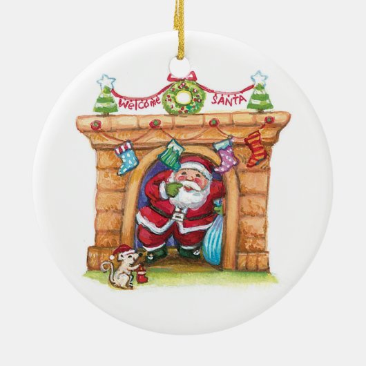 Cute Cartoon Jolly Santa Claus die de schoorsteen  Keramisch Ornament (Achterkant)