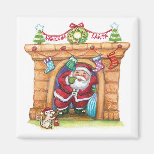Cute Cartoon Jolly Santa Claus die de schoorsteen Magneet